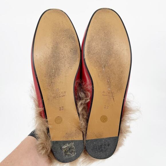 Gucci Red Leather Fur Lined Princetown Horsebit Mule Slipper Flat Loafer EU 37 - Picture 11 of 12